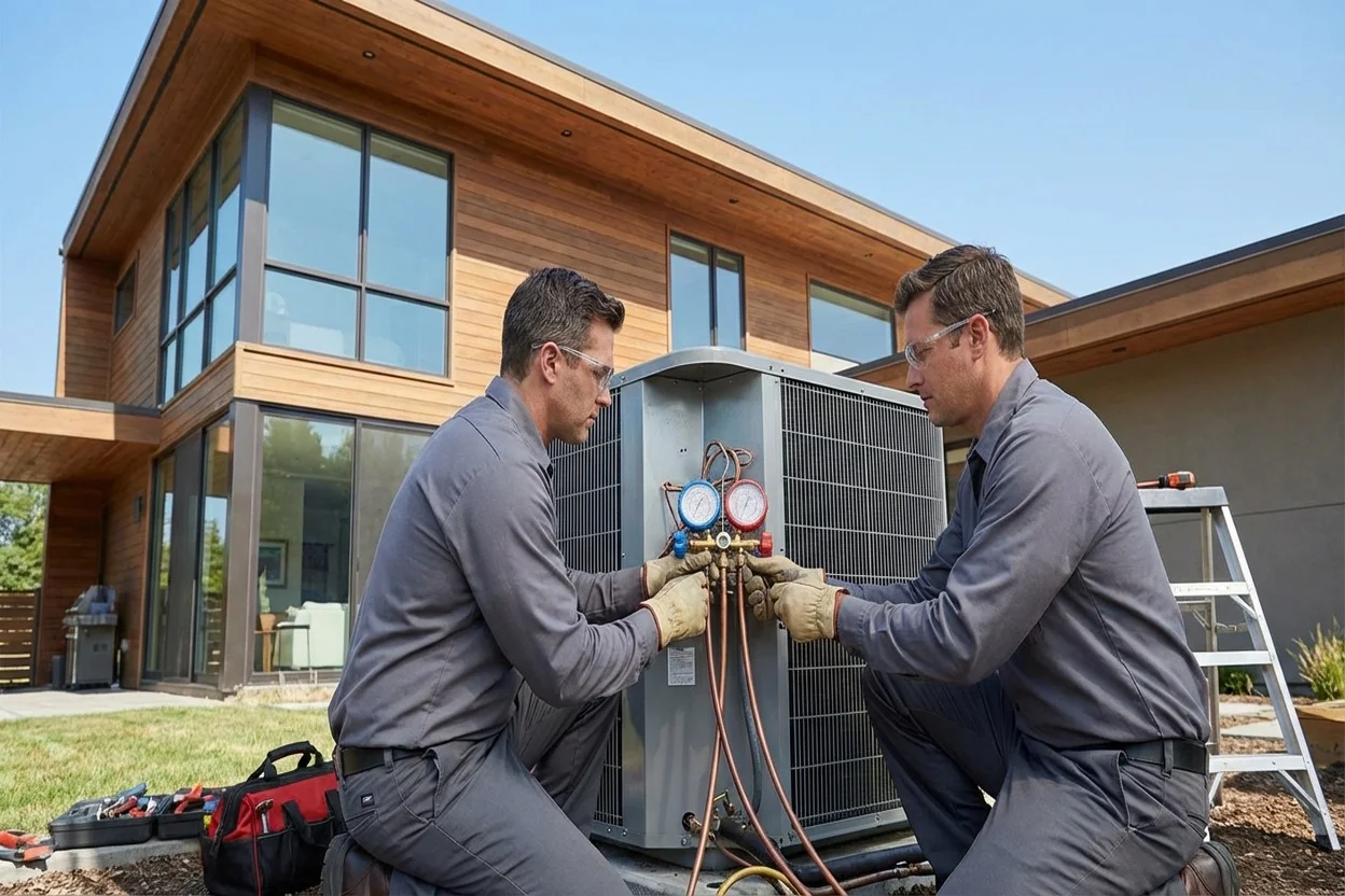 Two HVAC technicians installing a residential AC condenser unit