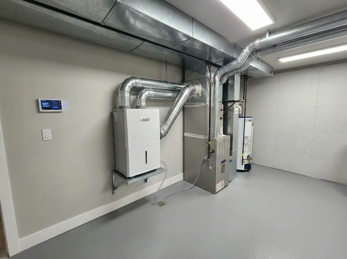 Whole-home dehumidifier installed in a Utah residential basement utility room