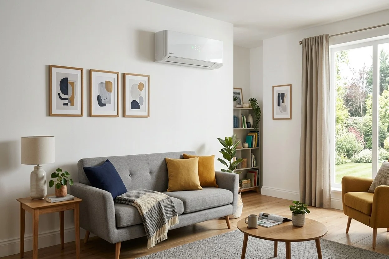 Ductless mini-split heat pump head unit mounted on an interior wall