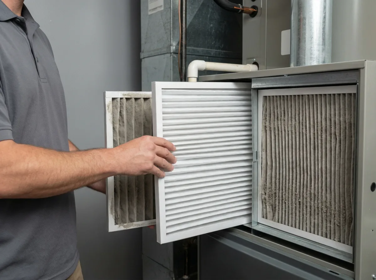 HVAC technician replacing a fresh pleated air filter in a Utah home furnace