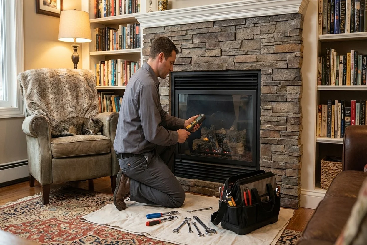 Gas fireplace and HVAC service technician at work