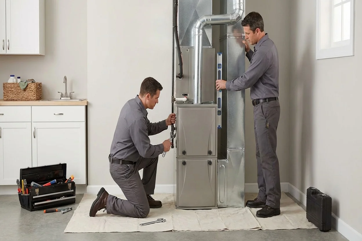 Air Express technician installing new furnace