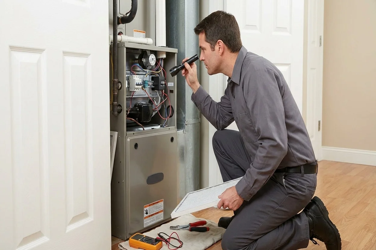 Air Express technician performing furnace maintenance checkup