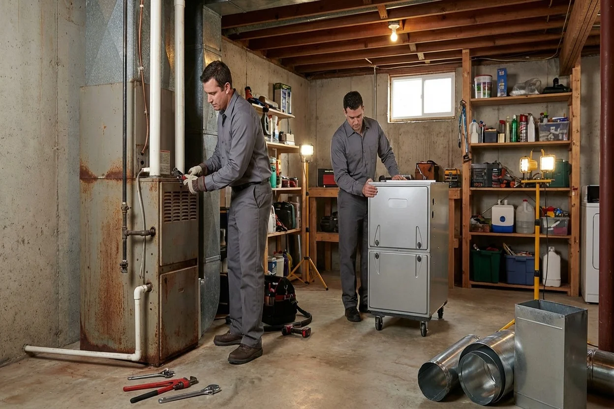 New furnace replacement installation in a Utah home utility room