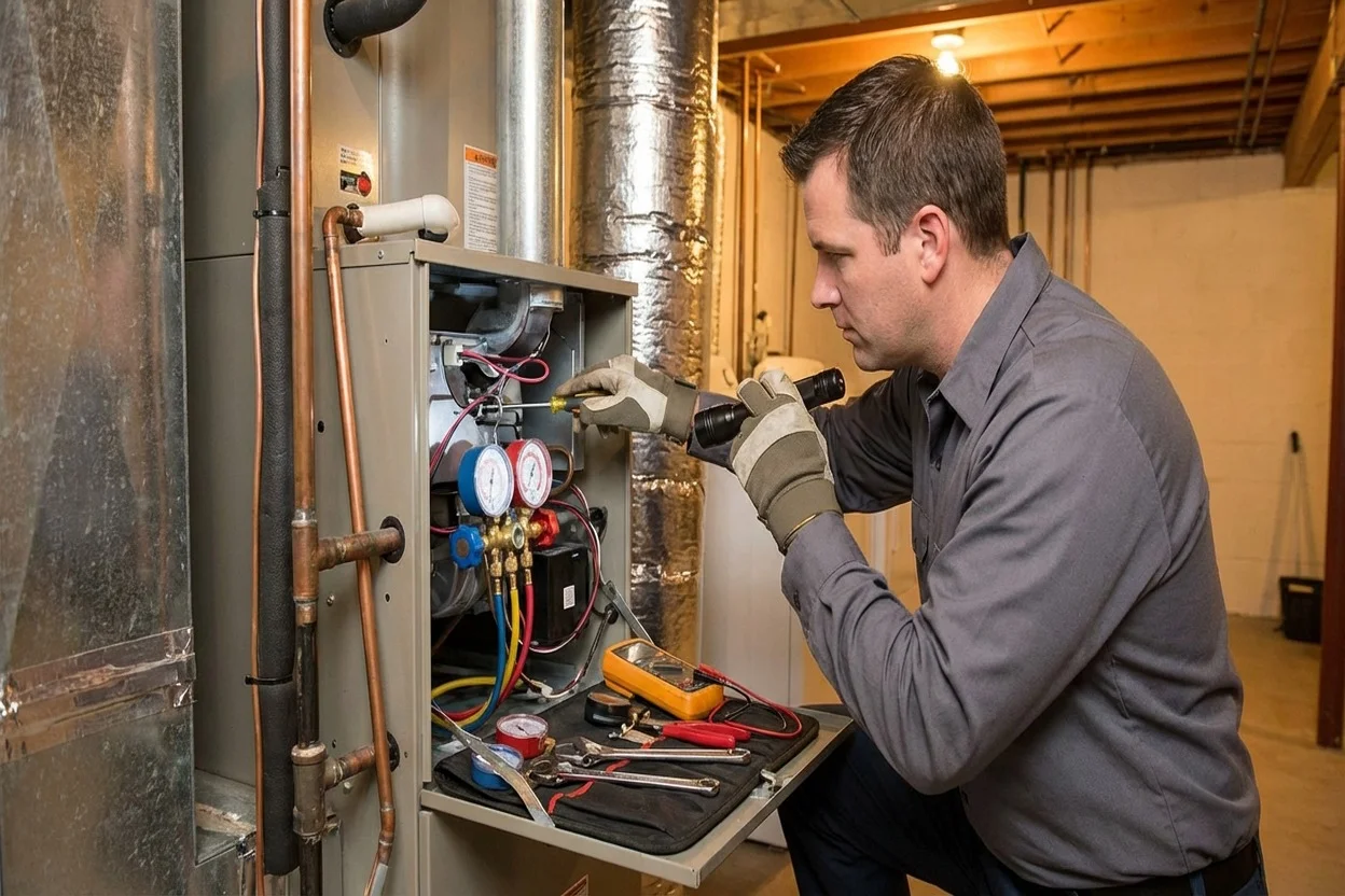 Air Express technician repairing heating system